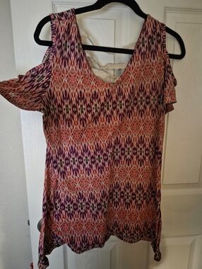 Red David Sleeveless Printed Tank with Lace Trim - Orange & Purple Ikat Size L